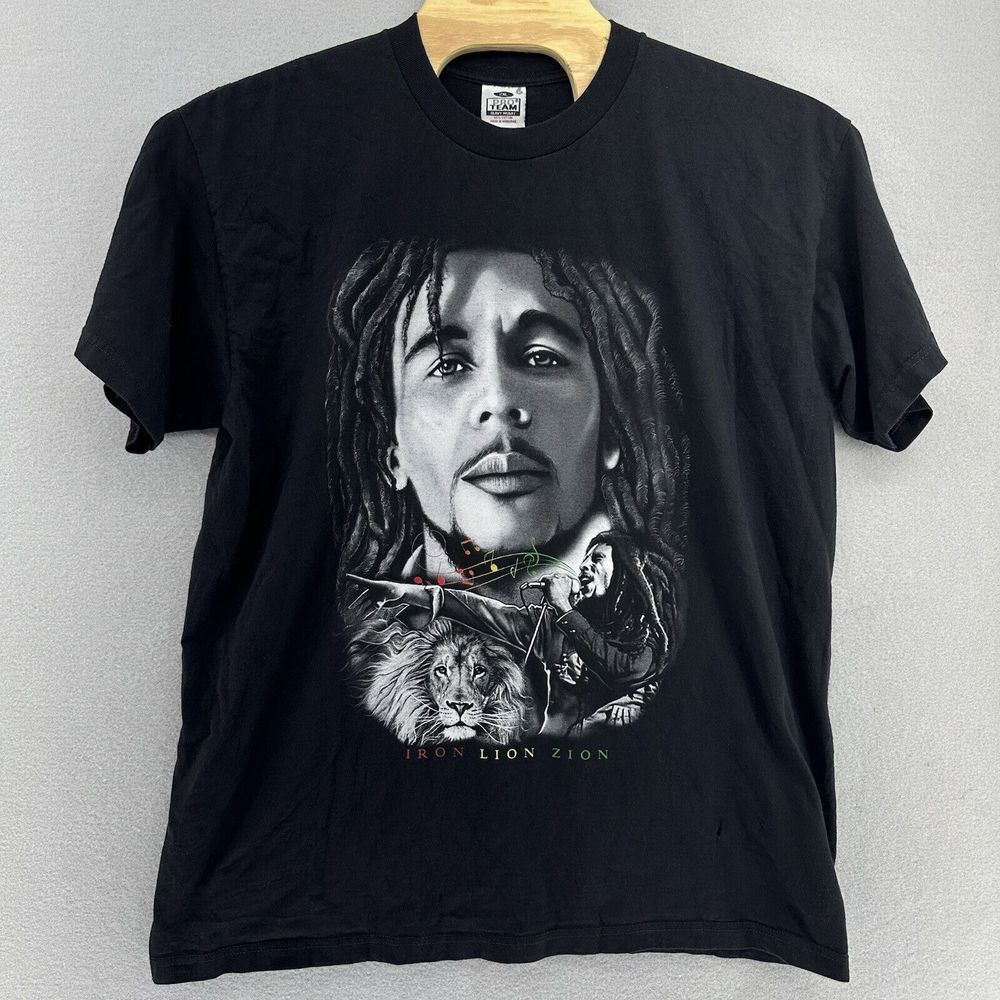 90s Bob Marley Iron Lion Zion Double Sided‎ Black Tshirt VTG Reggae Baggy SZ 2XL